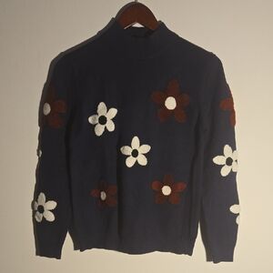 YAL New York Navy Floral Turtleneck Sweater